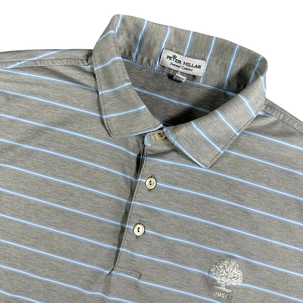 Peter Millar Summer Comfort Mens LG Polo Shirt Gray‎ Blue Striped Tree 1951 Logo